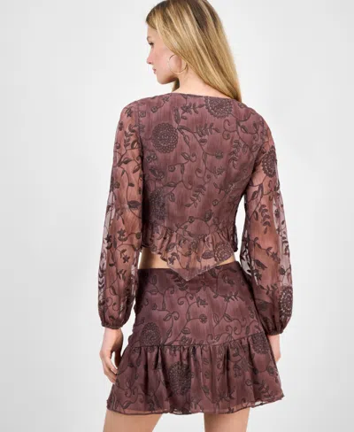 Guess Women's Seiah Embroidered Blouson-sleeve Top In Brown