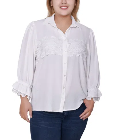 Ny Collection Plus Size 3/4 Sleeve Blouse With Lace Details Top In White