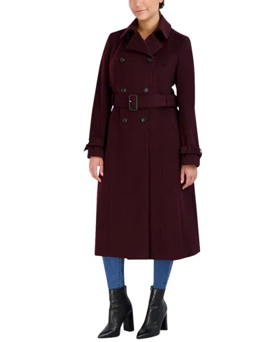 Cole Haan Slick Wool-blend Flared Trenchcoat In Burgundy