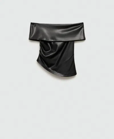 Mango Leather-effect Top With Open Shoulders Black In Black
