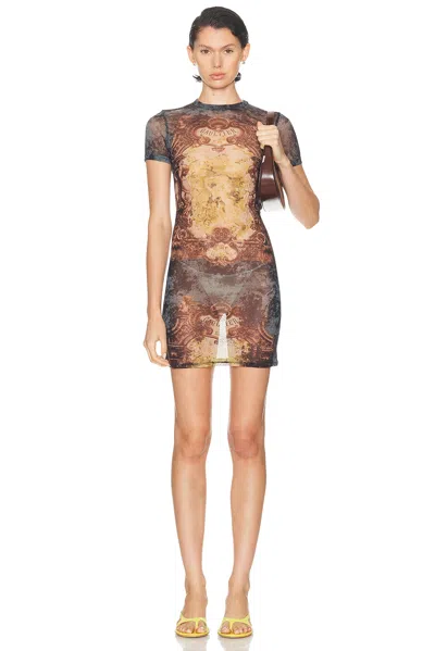 Jean Paul Gaultier Graphic Print Fitted Dress With Sheer Sleeves In Brown