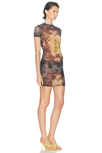 Jean Paul Gaultier Graphic Print Fitted Dress With Sheer Sleeves In Brown