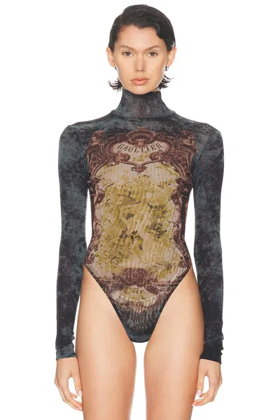 Jean Paul Gaultier Medaillon Printed Open Back Bodysuit In Gray