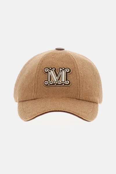 Max Mara Camel Brown Camel Wool Fedora Logo Baseball Hat In Gold