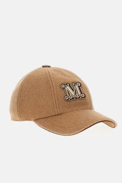 Max Mara Camel Brown Camel Wool Fedora Logo Baseball Hat In Gold