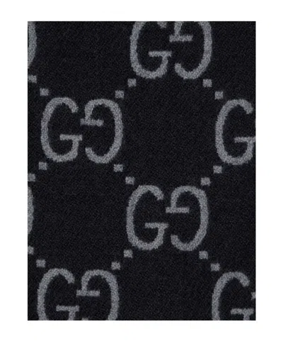 Gucci Black Cape With Fringed Hem In Gg Wool Jacquard Woman In Black