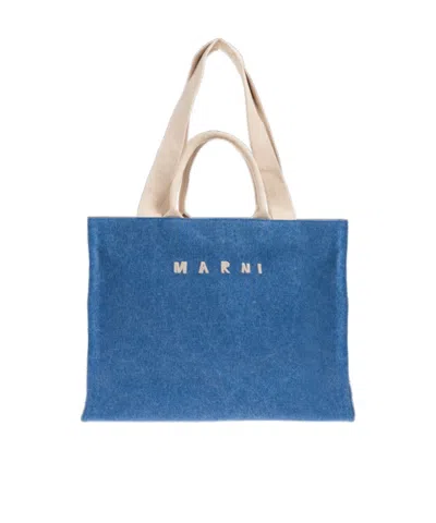 Marni Large East West Logo-embroidered Denim Tote In Blue