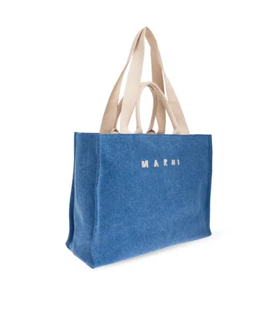 Marni Large East West Logo-embroidered Denim Tote In Blue