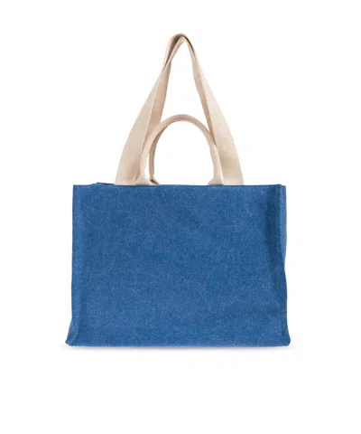 Marni Large East West Logo-embroidered Denim Tote In Blue