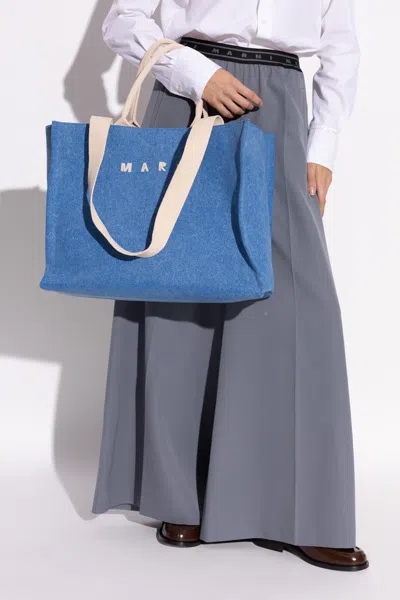 Marni Large East West Logo-embroidered Denim Tote In Blue