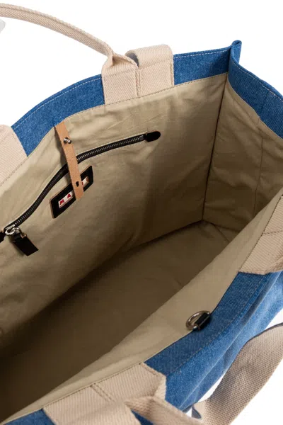 Marni Large East West Logo-embroidered Denim Tote In Blue