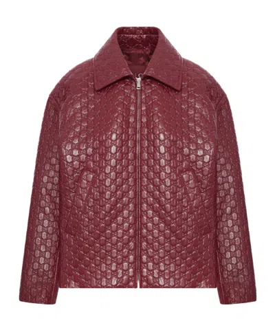 Gucci Women Oversized Leather Jacket With Embossed Gg In Burgundy