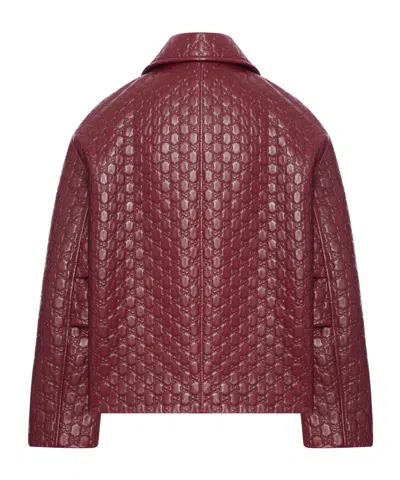 Gucci Women Oversized Leather Jacket With Embossed Gg In Burgundy