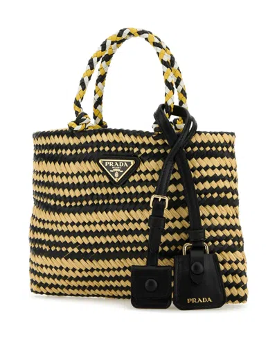 Prada Two-tone Woven Handbag Top Handles In Black