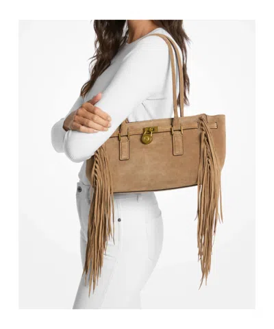 Michael Kors Hamilton Moderne Small Fringed Suede Satchel In Brown