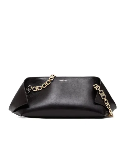 Ferragamo Brown Shoulder Bag With Logo Strap And Logo Lettering On The Front In Leather Woman In Black