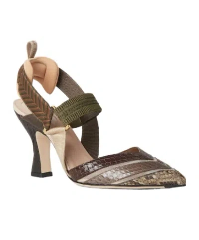 Fendi High-heeled Mesh And Multicolor Ayers Leather Slingbacks In Brown