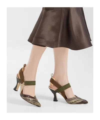 Fendi High-heeled Mesh And Multicolor Ayers Leather Slingbacks In Brown