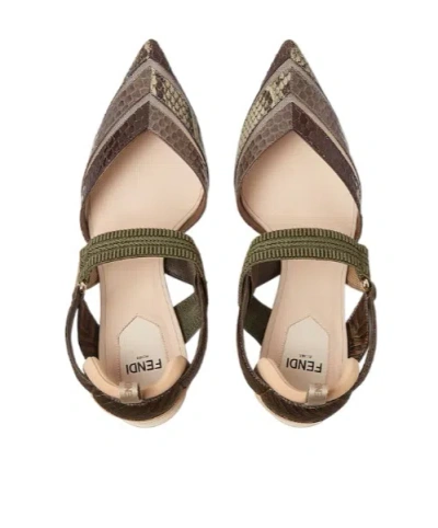 Fendi High-heeled Mesh And Multicolor Ayers Leather Slingbacks In Brown
