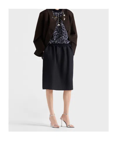 Prada Chevron Pleated Virgin Wool Midi Skirt In Blue