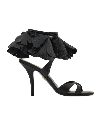 Ferragamo Estrella Leather Flower Ankle-tie Sandals In Black
