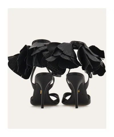 Ferragamo Estrella Leather Flower Ankle-tie Sandals In Black