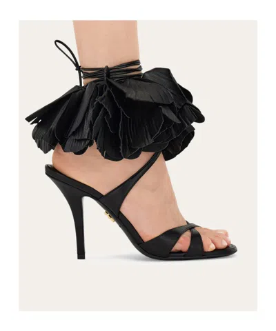 Ferragamo Estrella Leather Flower Ankle-tie Sandals In Black
