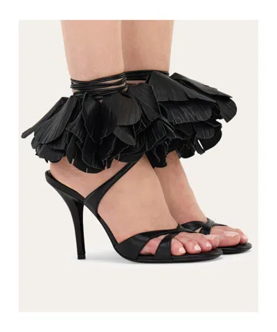 Ferragamo Estrella Leather Flower Ankle-tie Sandals In Black
