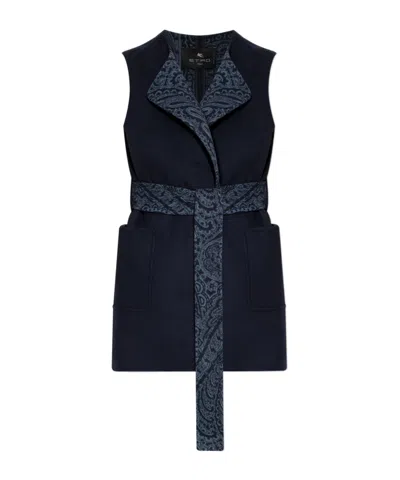 Etro Waist Belt Sleeveless Jacket Front Pockets In Blue