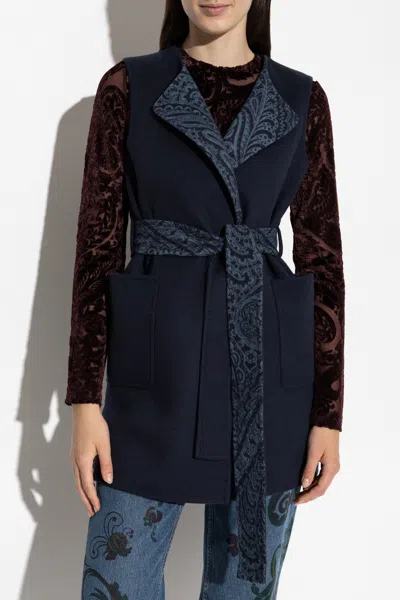 Etro Waist Belt Sleeveless Jacket Front Pockets In Blue