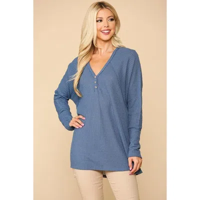 Truedames Waffle Knit And Woven Print Mixed Hi Low Flowy Tunic Top In Blue