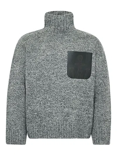Jw Anderson Grey Sweater With High Neck And One Front Patch Leather Pocket In Wool Blend Man In Gray