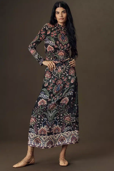 Farm Rio Intricately Patterned Midi Skirt With Fringe Trim In Black