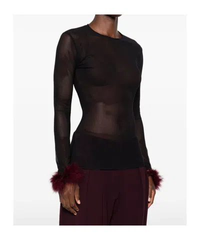 Mugler Mesh-panel Feather-cuff Top In Black