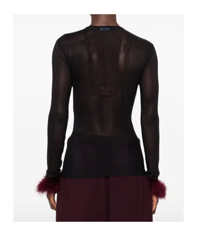 Mugler Mesh-panel Feather-cuff Top In Black