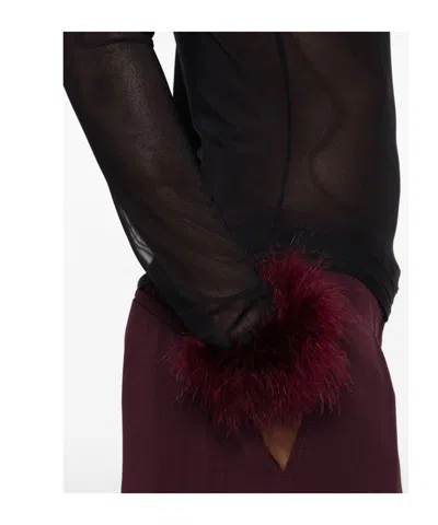 Mugler Mesh-panel Feather-cuff Top In Black