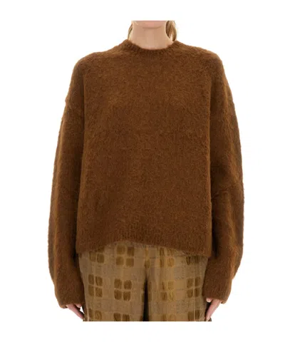 Uma Wang Fuzzy Texture Wool Blend Sweater With Crew Neckline In Brown