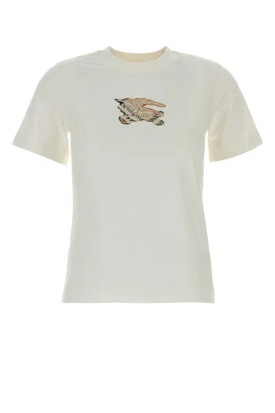 Burberry Ribbed Cotton T-shirt With Equestrian Motif And Logo Patch In Neutral