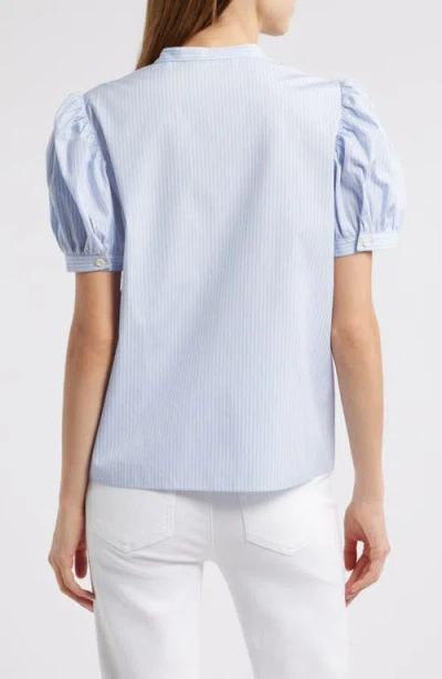 Frame The Gathered Stripe Short Sleeve Button-up Shirt In Blue