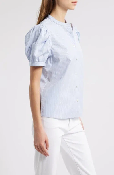 Frame The Gathered Stripe Short Sleeve Button-up Shirt In Blue