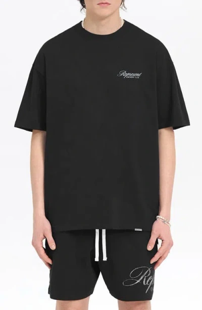 Represent Black Crewneck T-shirt With With Front And Back Owners Club Print In Cotton Man In Black