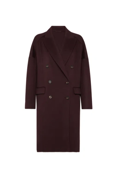 Brunello Cucinelli Hand-crafted Coat In Cashmere Double Beaver Cloth With Monili In Burgundy