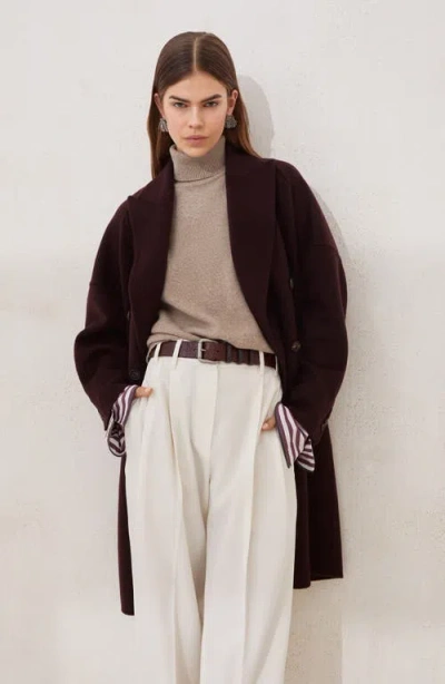 Brunello Cucinelli Hand-crafted Coat In Cashmere Double Beaver Cloth With Monili In Burgundy