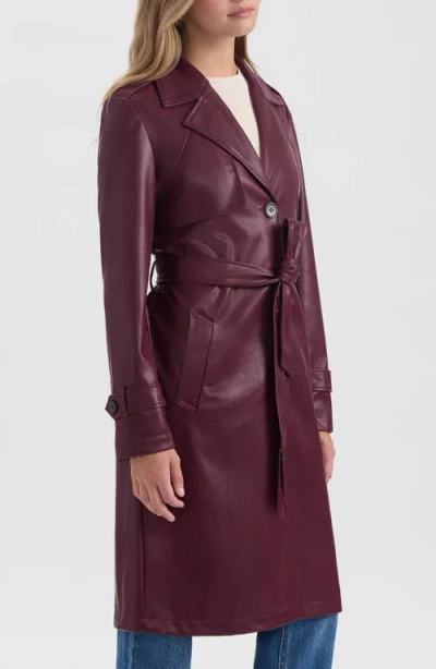 Nvlt Belted Faux Leather Trench Coat In Burgundy