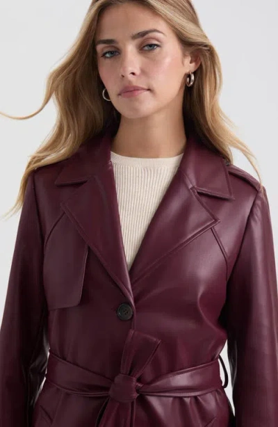 Nvlt Belted Faux Leather Trench Coat In Burgundy