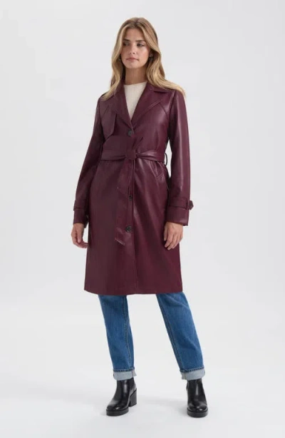 Nvlt Belted Faux Leather Trench Coat In Burgundy
