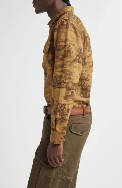 Double Rl Ranch Print Cotton Moleskin Button-up Shirt In Brown