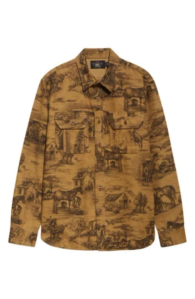 Double Rl Ranch Print Cotton Moleskin Button-up Shirt In Brown