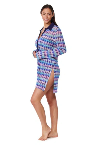 Profile By Gottex Retro Riviera Netted Crochet Buttoned Tunic Cover-up In Multi