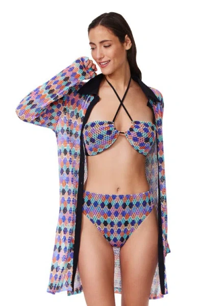 Profile By Gottex Retro Riviera Netted Crochet Buttoned Tunic Cover-up In Multi